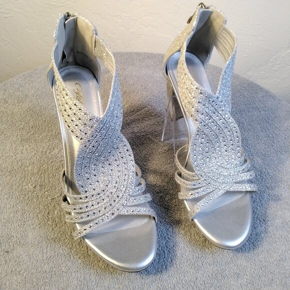 ✨ Gufobela Silver Rhinestone High Heel Block Sandals Size 9 Sparkly Ankle Zip - Picture 1 of 14
